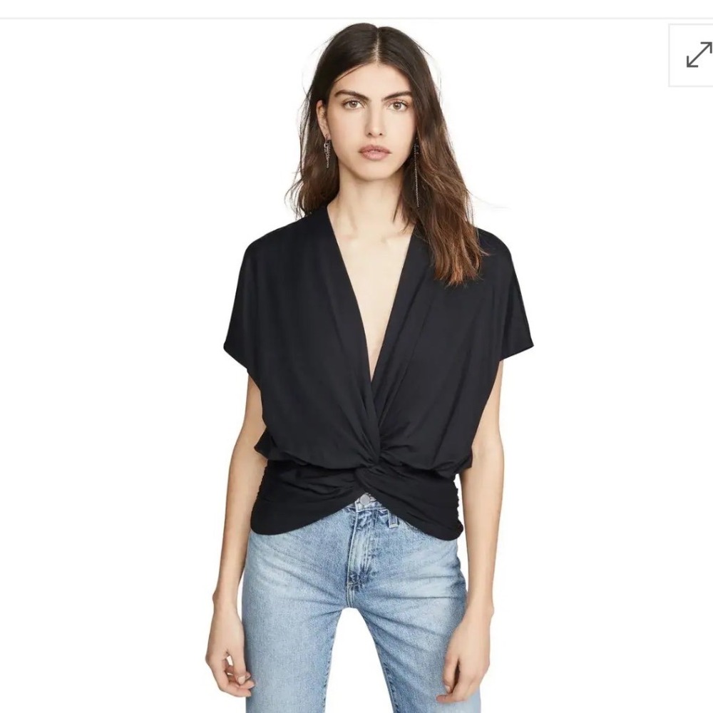 Susana Monaco Twist Front Ruched Top XS Black V-Neck Vista Fabric